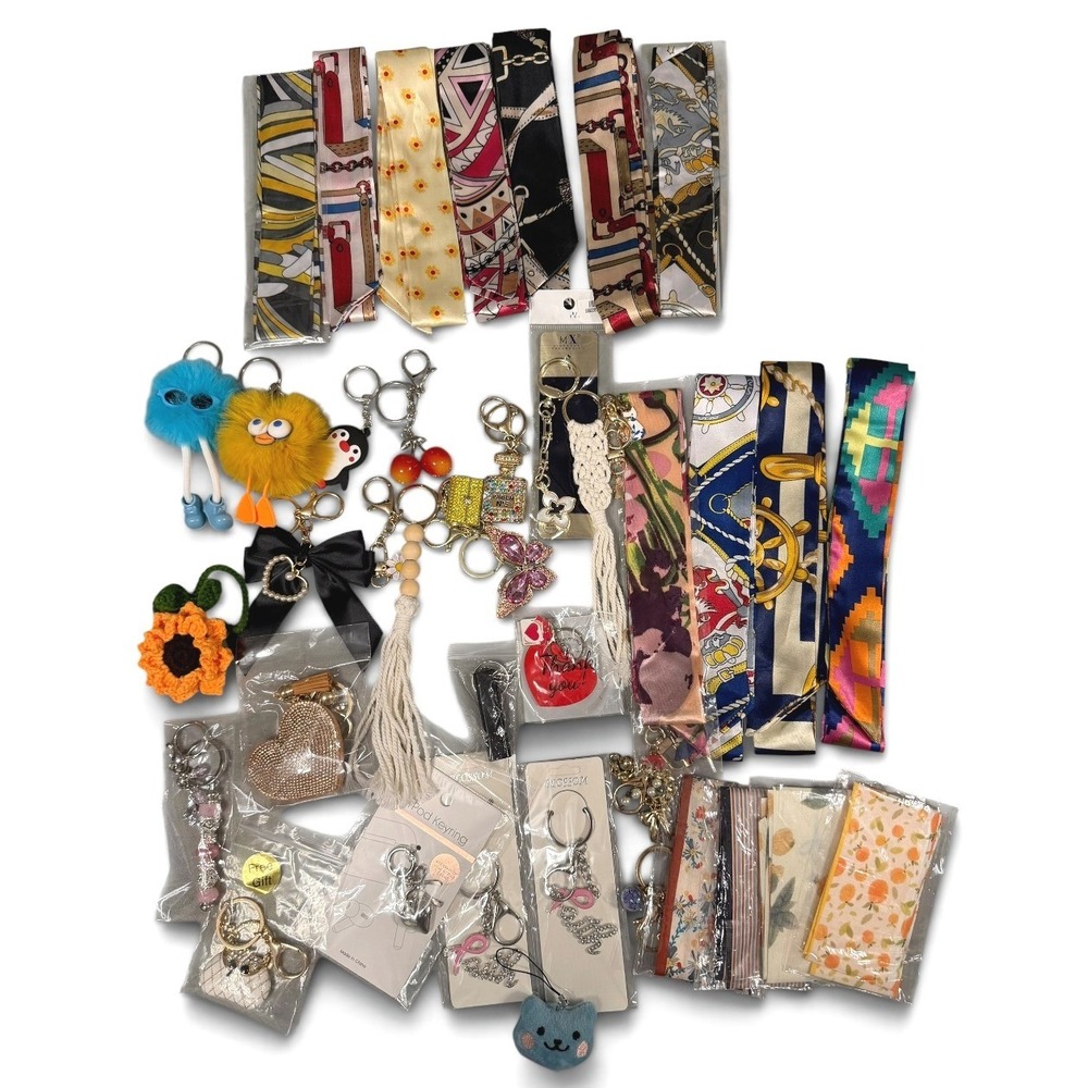 39 Pc Handbag Accessories Lot Twilly Scarves Bag Charms Keychains (#2)